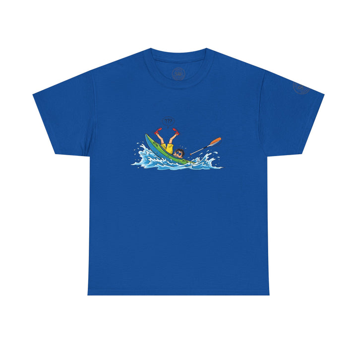Blue T-shirt by S&amp;W Gallus, featuring a cartoon illustration of a person capsizing in a kayak.