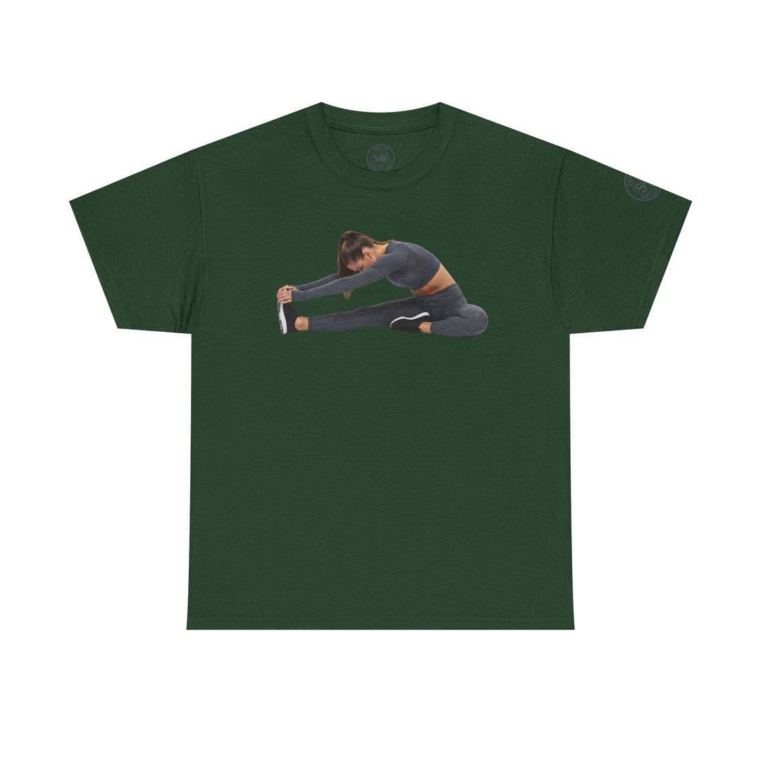Green T-shirt by S&amp;W Gallus featuring a woman stretching in activewear, with a round neck and short sleeves.