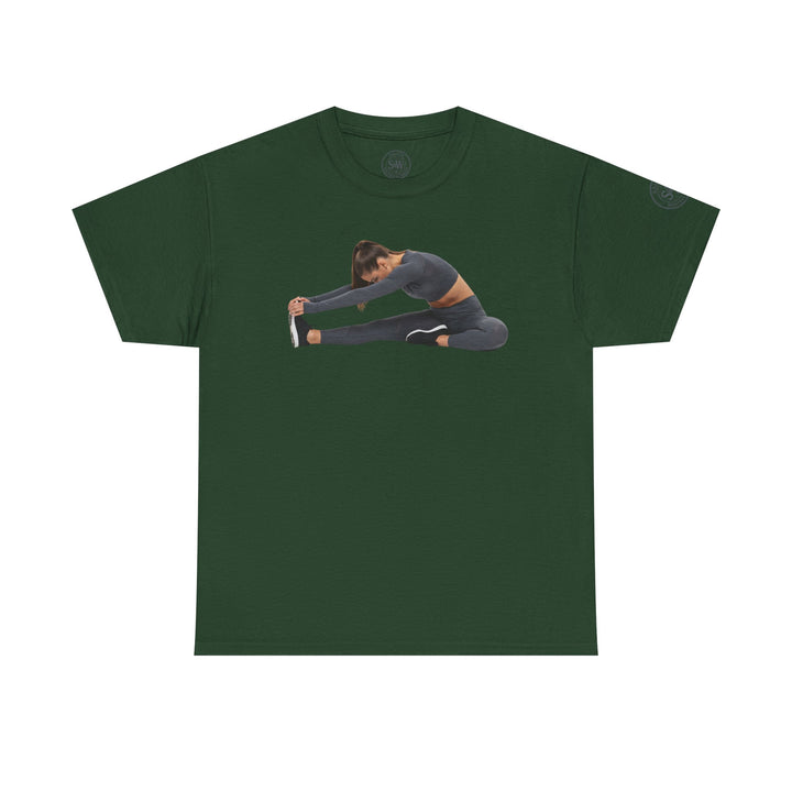 Green T-shirt by S&amp;W Gallus featuring a woman stretching in activewear, with a round neck and short sleeves.