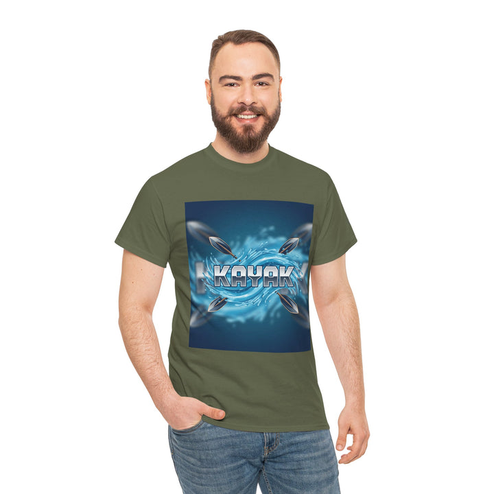 Olive green graphic tee by S&amp;W Gallus displaying a "Kayak" text design with paddles and splashing water, worn with jeans.