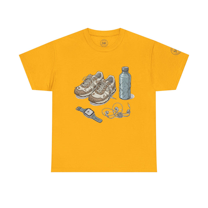 Gold t-shirt by S&amp;W Gallus featuring a casual runner essentials illustration, with a visible logo near the collar and sleeve.