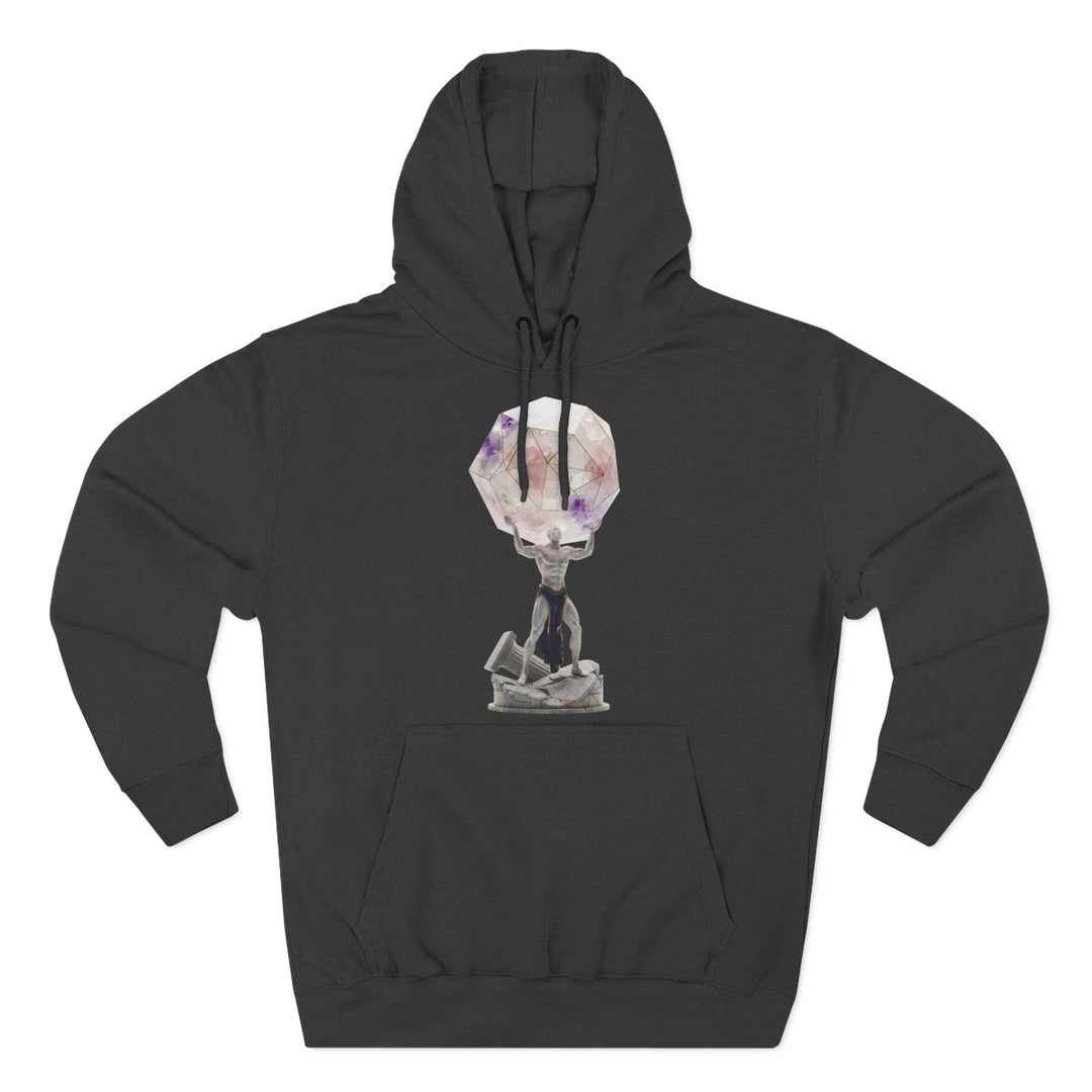Charcoal gray hoodie by S&amp;W Gallus with a graphic of Atlas holding up a multicolored gem.