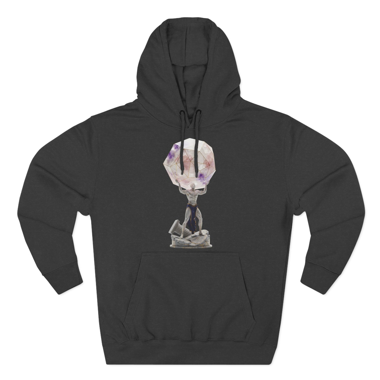 Charcoal gray hoodie by S&W Gallus with a graphic of Atlas holding up a multicolored gem.