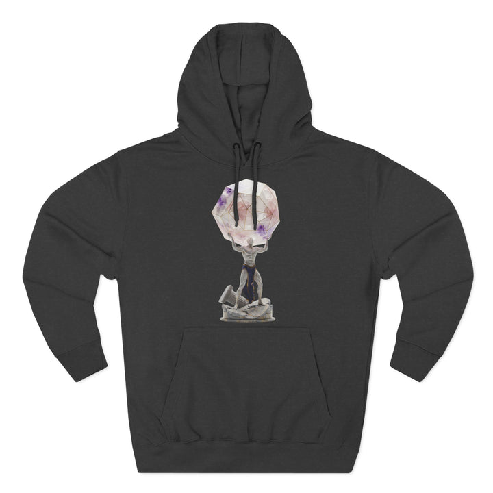 Charcoal gray hoodie by S&amp;W Gallus with a graphic of Atlas holding up a multicolored gem.