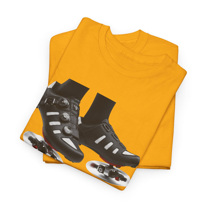 Spin Shoes Tee – soft, breathable cotton featuring a cycling shoes graphic. Perfect for spin classes, indoor workouts, and casual activewear.