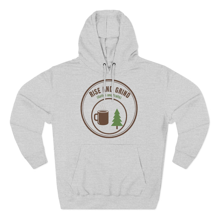 Gray hoodie from S&amp;W Gallus featuring a "Rise and Grind Coffee and Trails" circular logo on the chest.