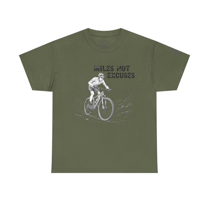 Olive green t-shirt by S&amp;W Gallus featuring a cyclist graphic and "Miles Not Excuses" text.