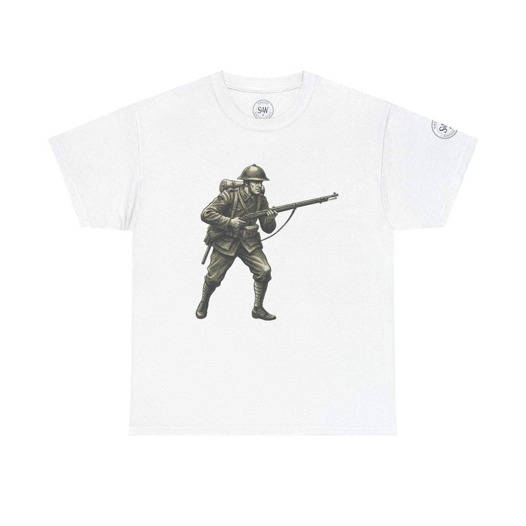 White graphic tee by S&amp;W Gallus featuring a vintage drawing of a WWI soldier with a rifle.