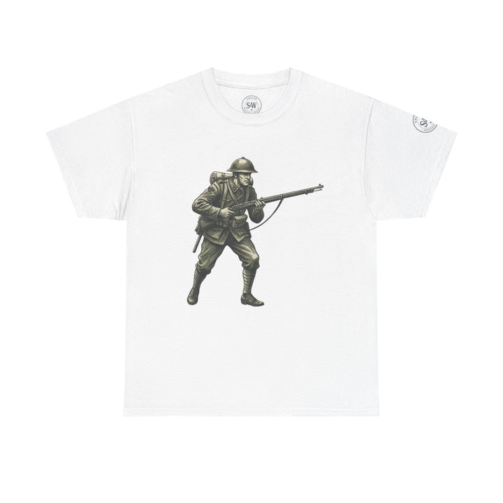 White graphic tee by S&amp;W Gallus featuring a vintage drawing of a WWI soldier with a rifle.