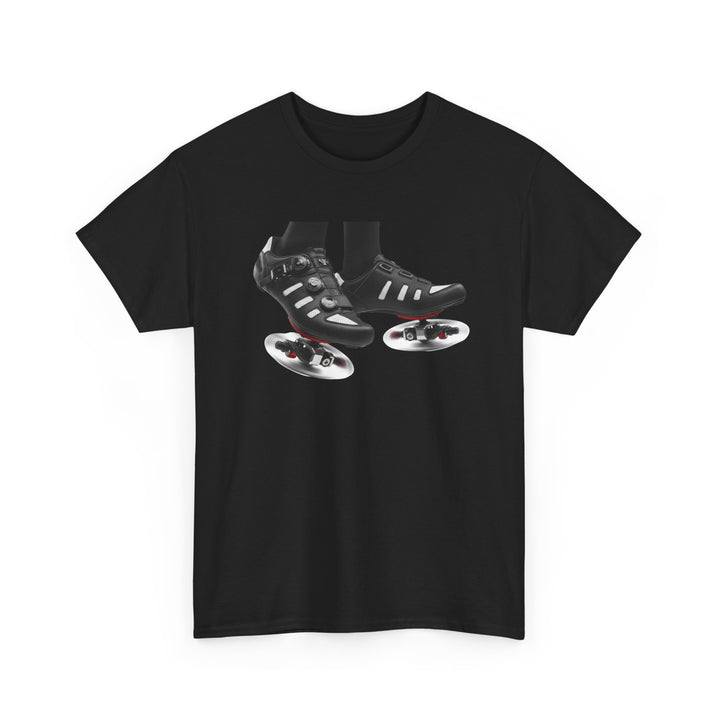 Spin Shoes Tee – soft, breathable cotton featuring a cycling shoes graphic. Perfect for spin classes, indoor workouts, and casual activewear.