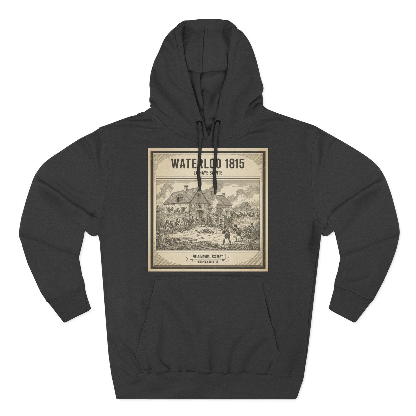 Gray hoodie by S&W Gallus with a graphic print featuring a battle scene with text overlay.