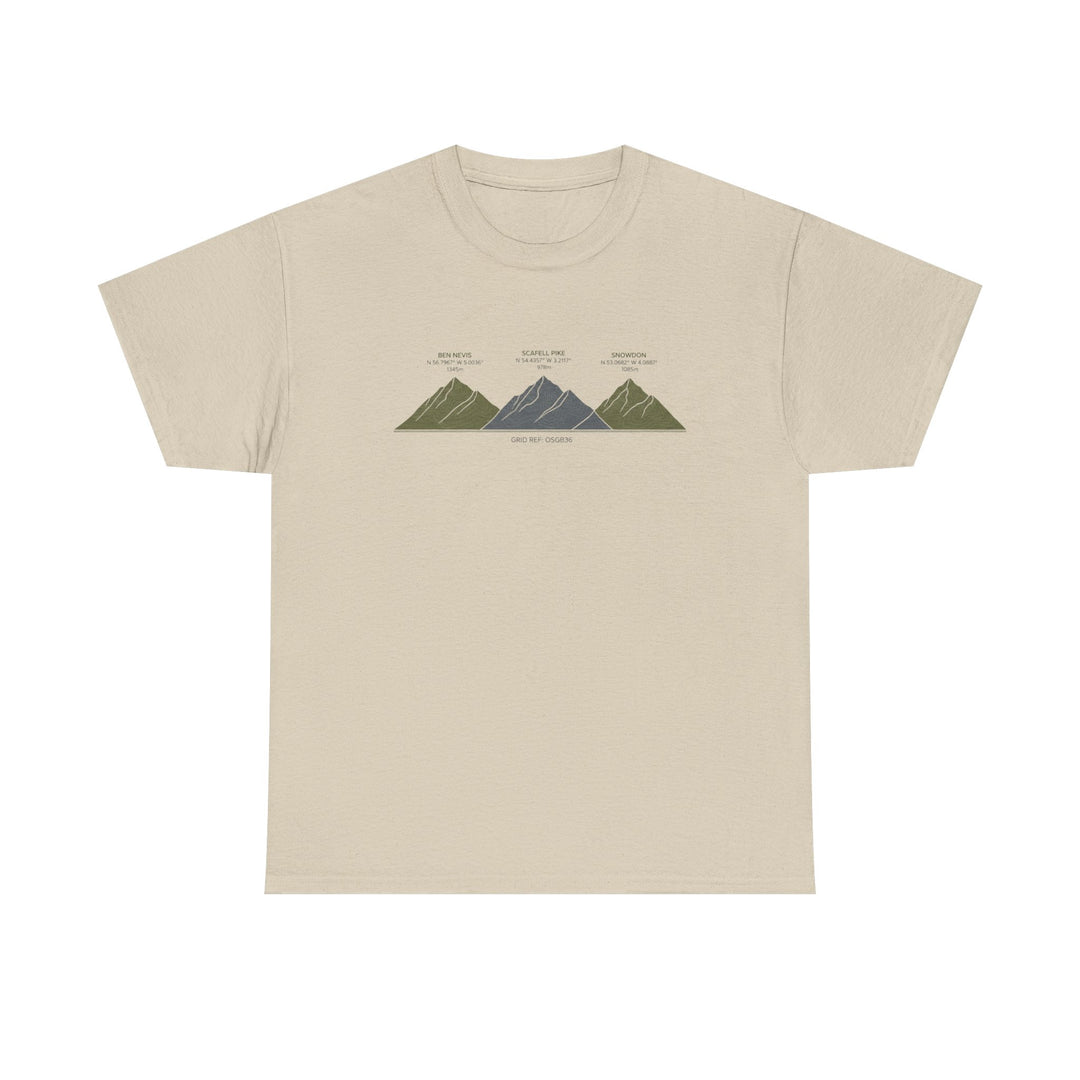 Three Peaks Challenge Graphic T-Shirt — Retro UK Mountain Hiking Tee