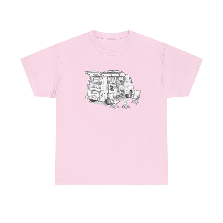 Open Van Sketch T-Shirt featuring a detailed van illustration. Soft, breathable cotton with a relaxed fit for everyday casual style.