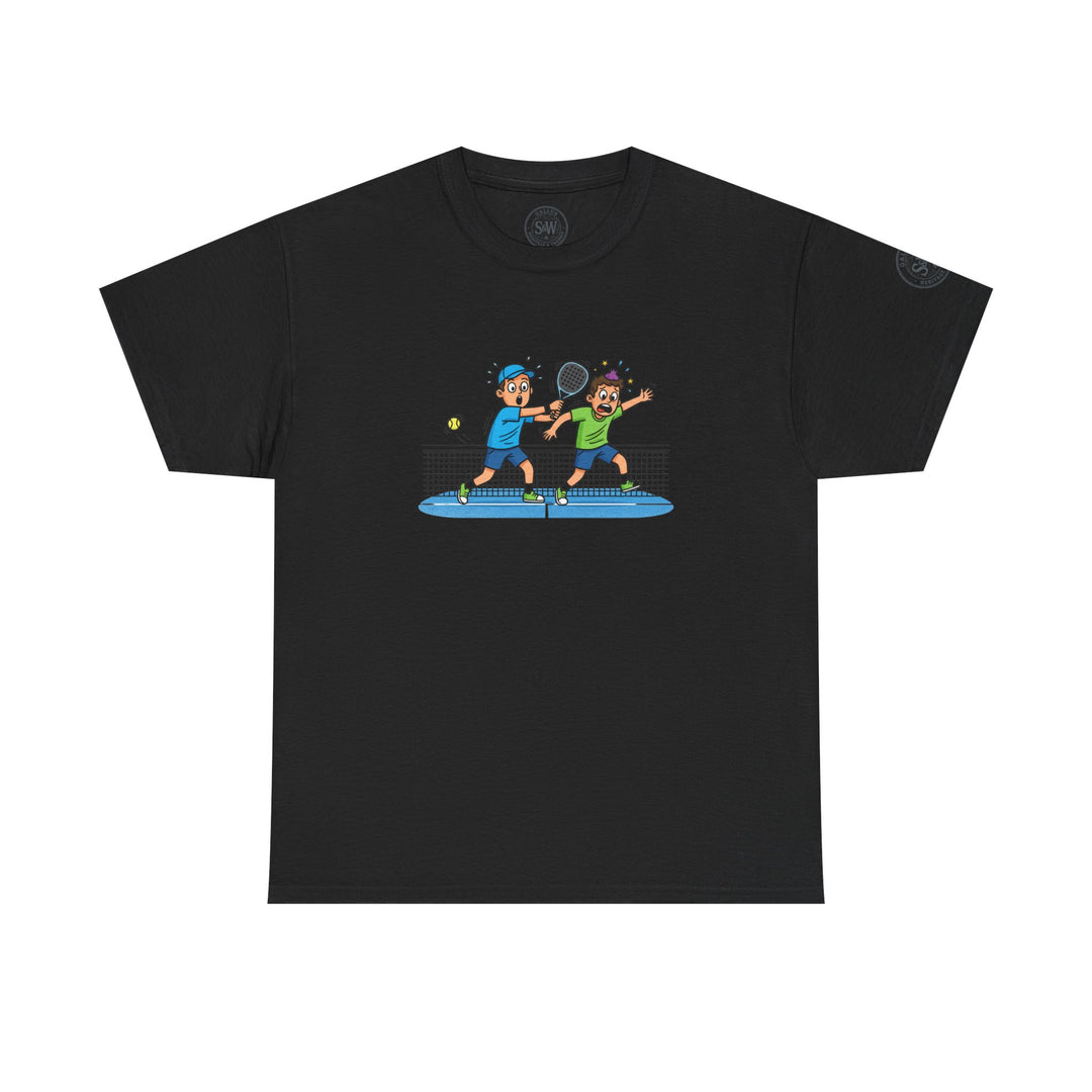Black graphic t-shirt by S&amp;W Gallus, featuring a fun cartoon illustration of two padel players on court.