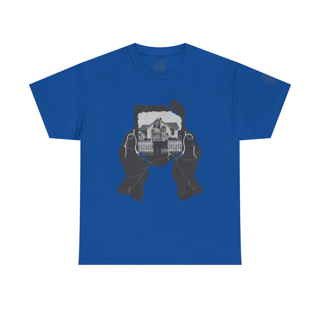 Blue short-sleeve t-shirt by S&amp;W Gallus featuring a picture of a woman and a child in front of a house.