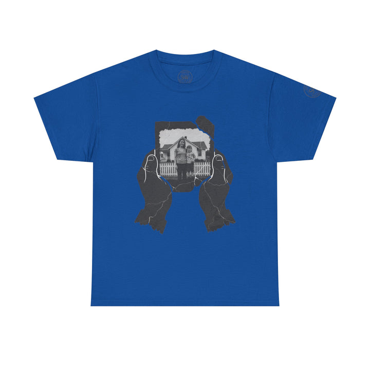 Blue short-sleeve t-shirt by S&amp;W Gallus featuring a picture of a woman and a child in front of a house.