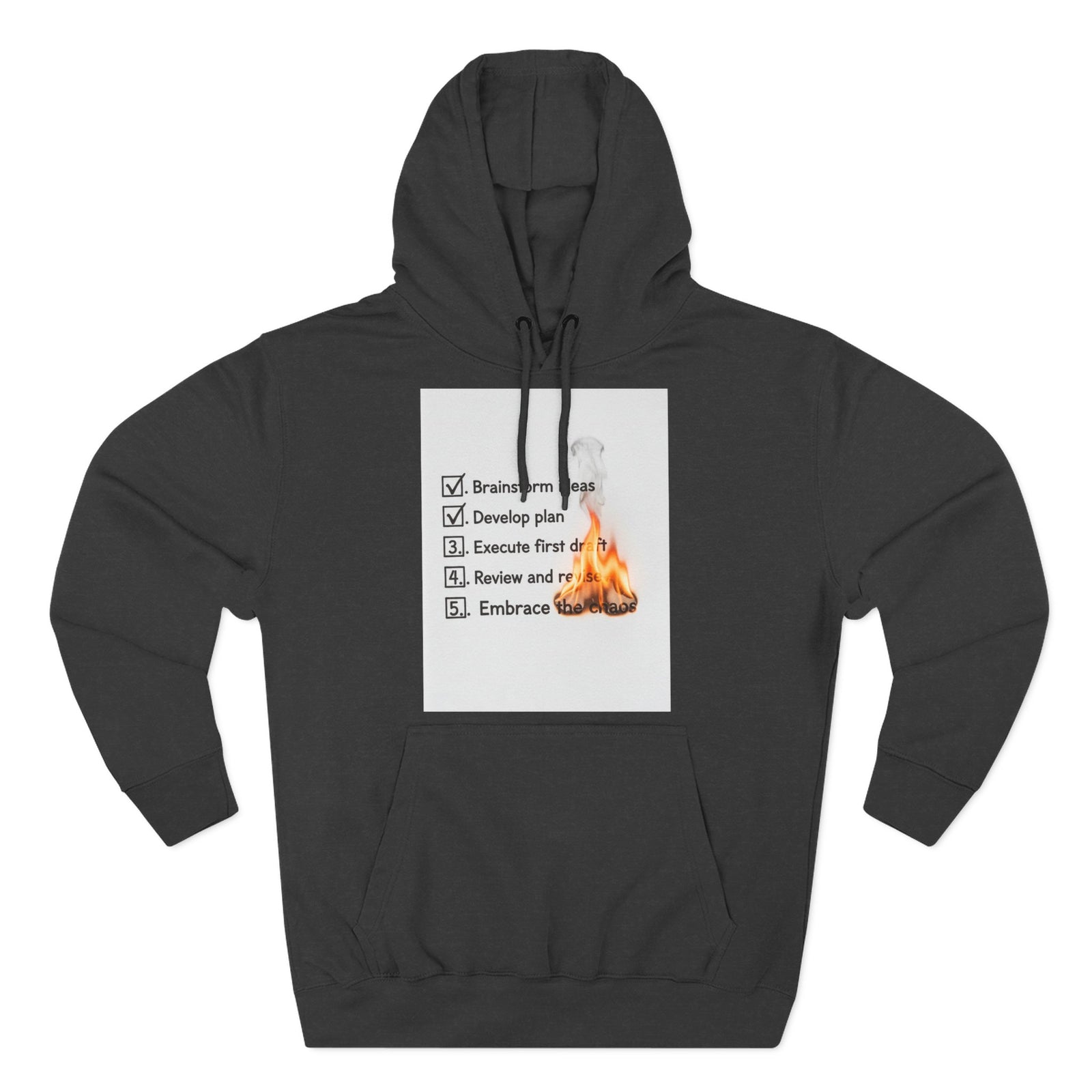 Gray hoodie by S&W Gallus featuring a checklist graphic and burning paper element.