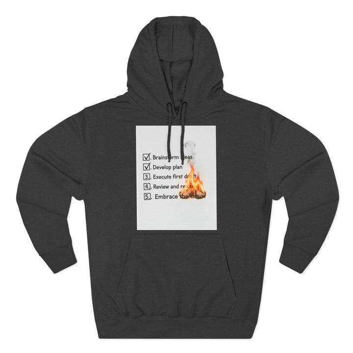 Gray hoodie by S&amp;W Gallus featuring a checklist graphic and burning paper element.