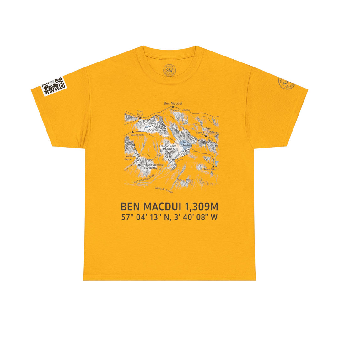 Yellow t-shirt with Ben Macdui map graphic by S&amp;W Gallus, featuring a QR code on the sleeve.

