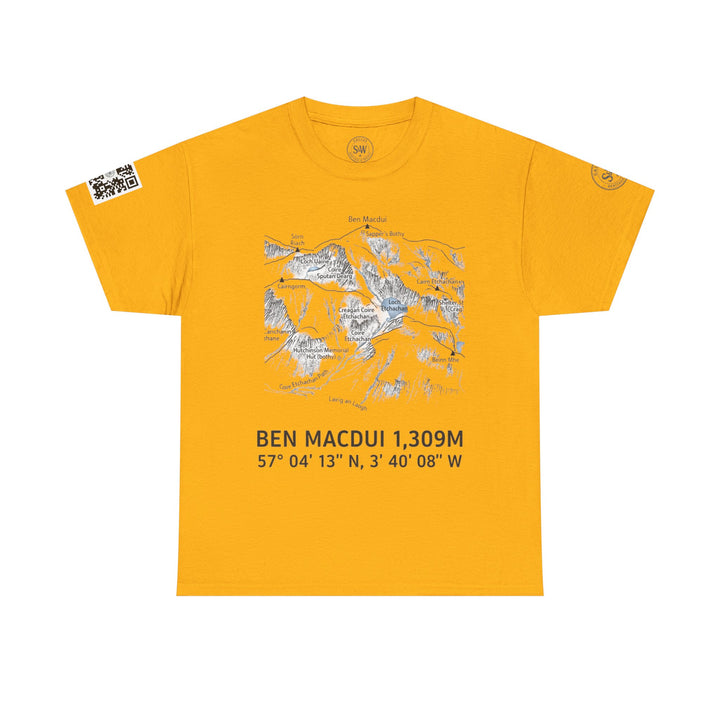 Yellow t-shirt with Ben Macdui map graphic by S&amp;W Gallus, featuring a QR code on the sleeve.
