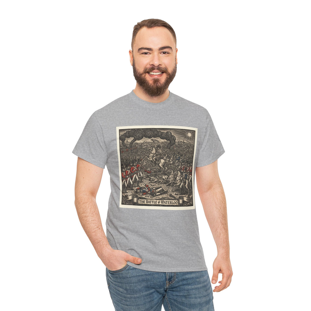 Gray t-shirt by S&amp;W Gallus with a "Battle of Waterloo" print, worn with blue jeans.