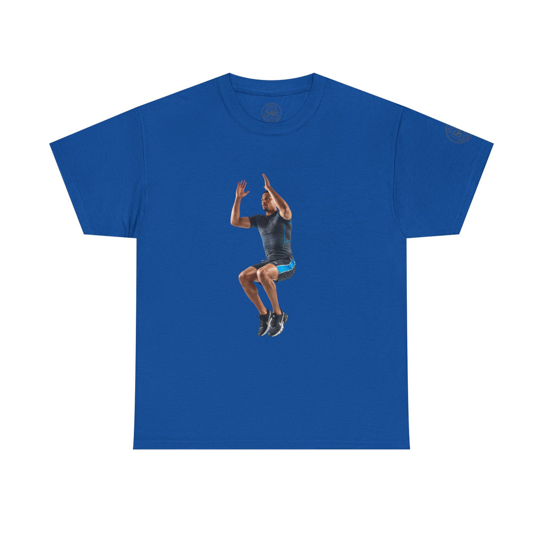 Blue tee shirt by S&amp;W Gallus featuring a graphic of a man mid-jump on the front.