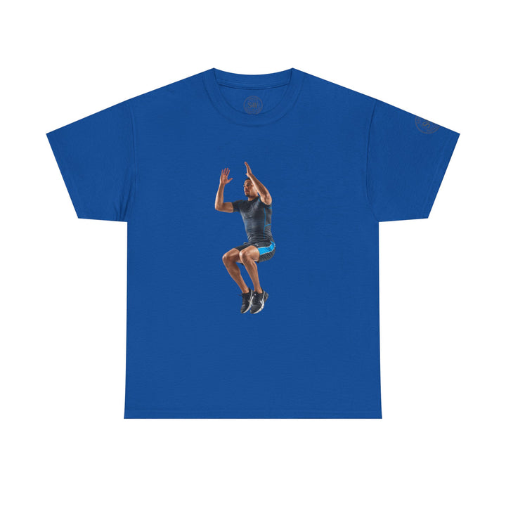 Blue tee shirt by S&amp;W Gallus featuring a graphic of a man mid-jump on the front.