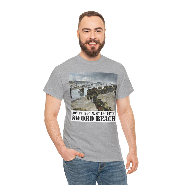 Gray Sword Beach coordinates t-shirt by Veteran owned, featuring a historical print, worn with blue jeans.