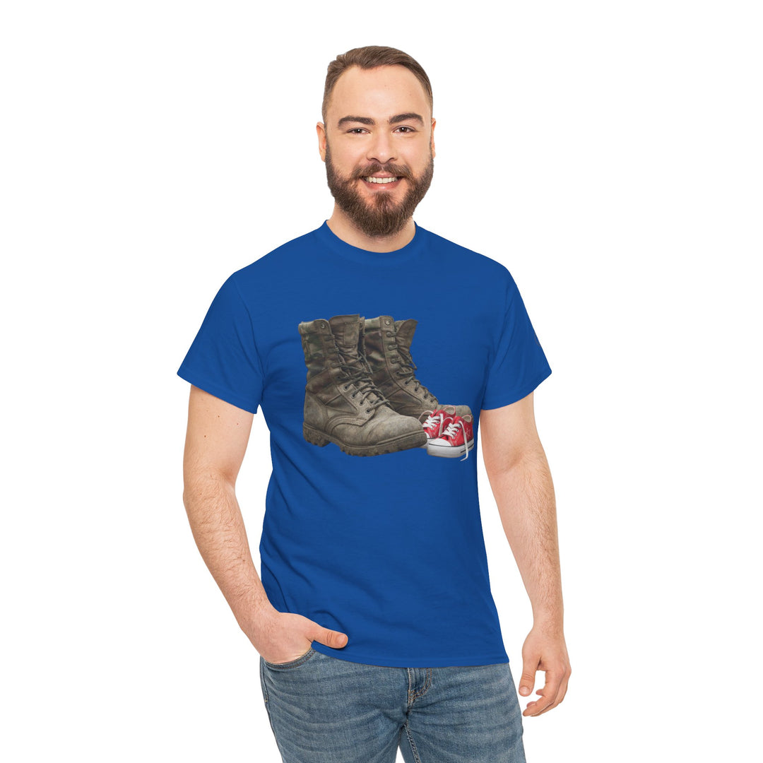 Blue tee shirt by S&amp;W Gallus with boots and baby shoes graphic, worn with blue jeans.