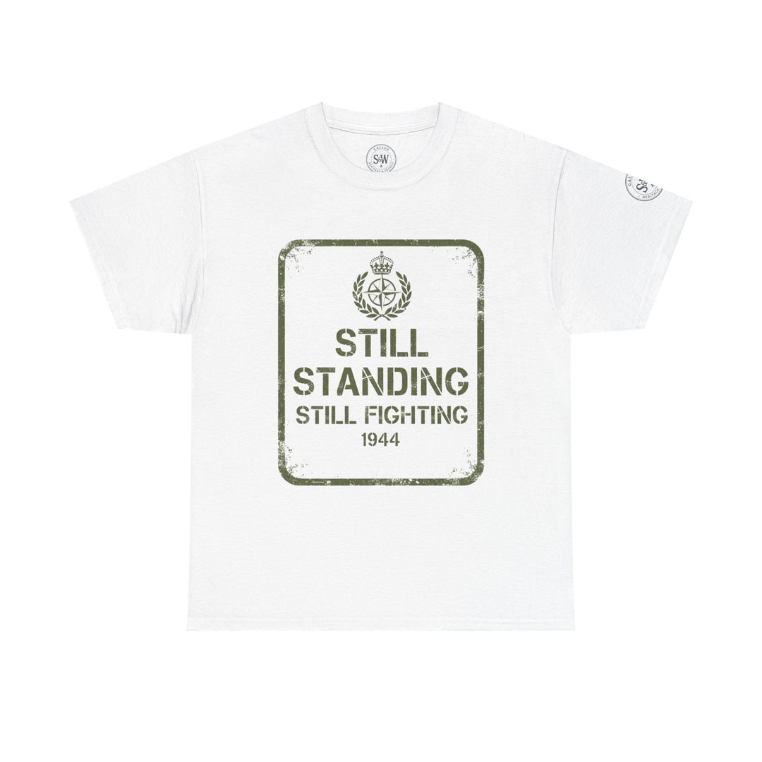 White graphic tee by S&amp;W Gallus featuring a vintage military-themed design and distressed print effect.
