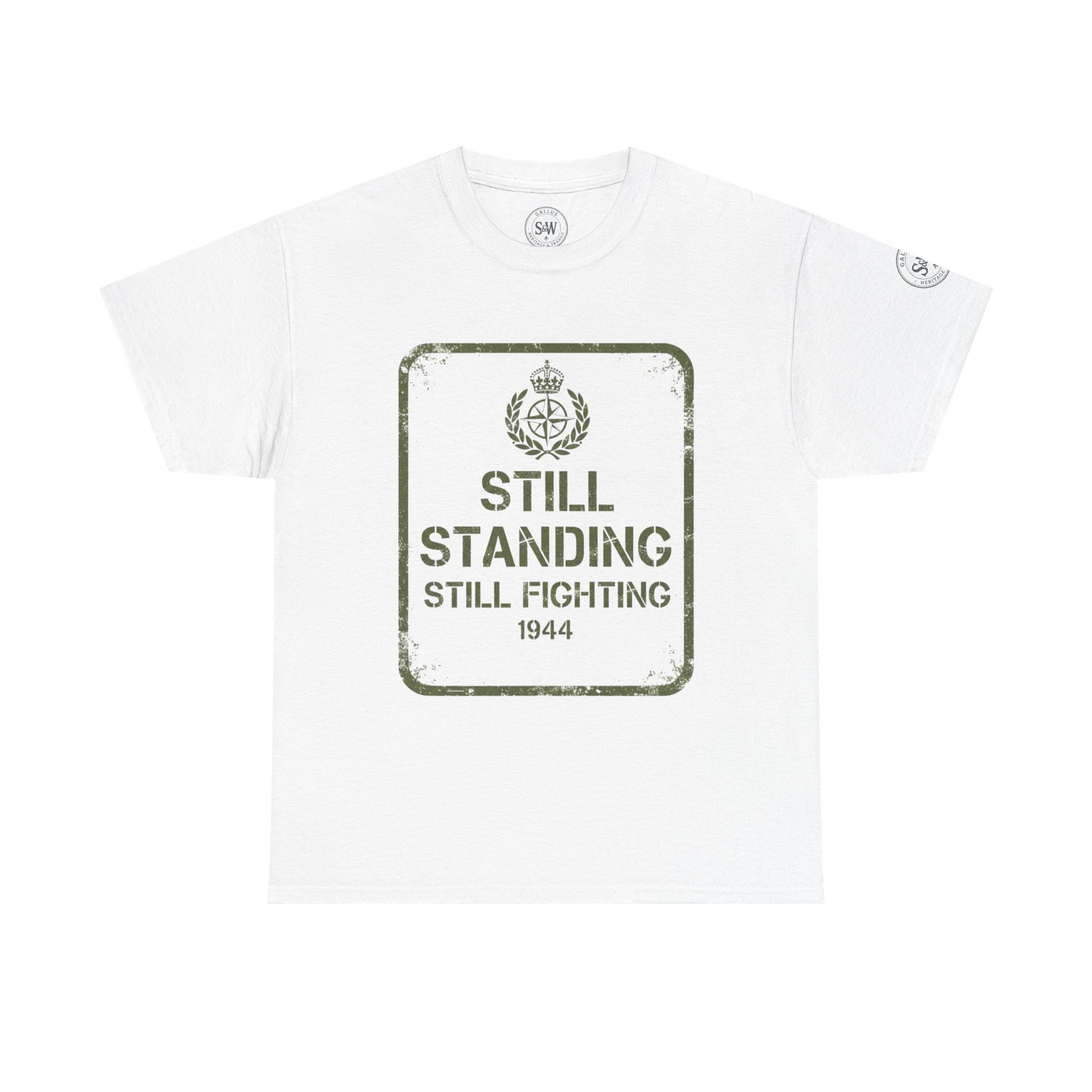 White graphic tee by S&W Gallus featuring a vintage military-themed design and distressed print effect.
