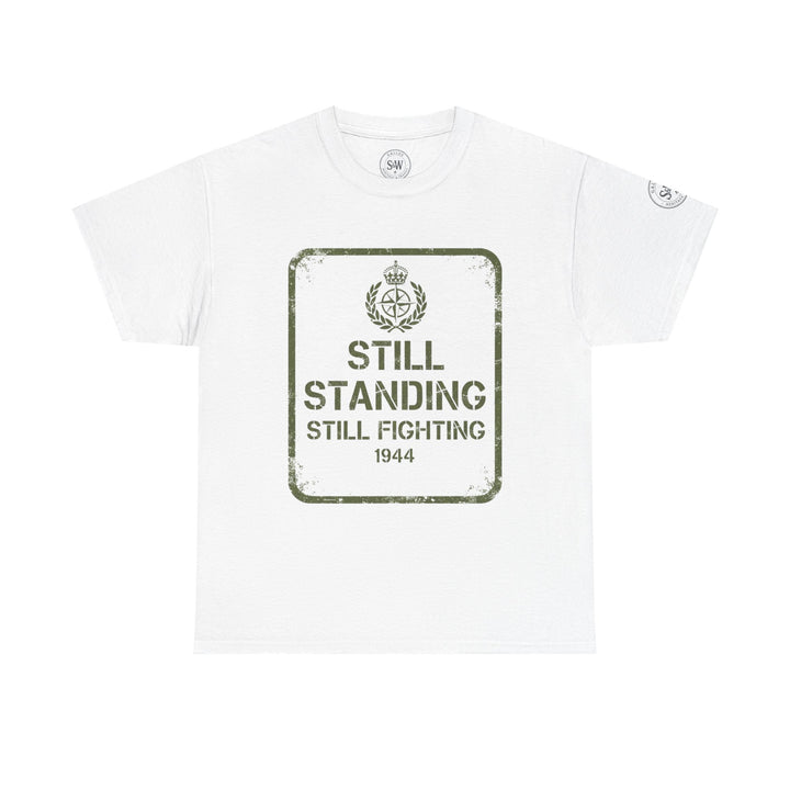 White graphic tee by S&amp;W Gallus featuring a vintage military-themed design and distressed print effect.
