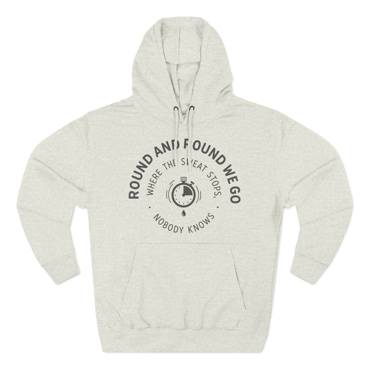 Heather gray hoodie by S&amp;W Gallus, featuring a circular graphic with a stopwatch and the phrase "Round and Found."