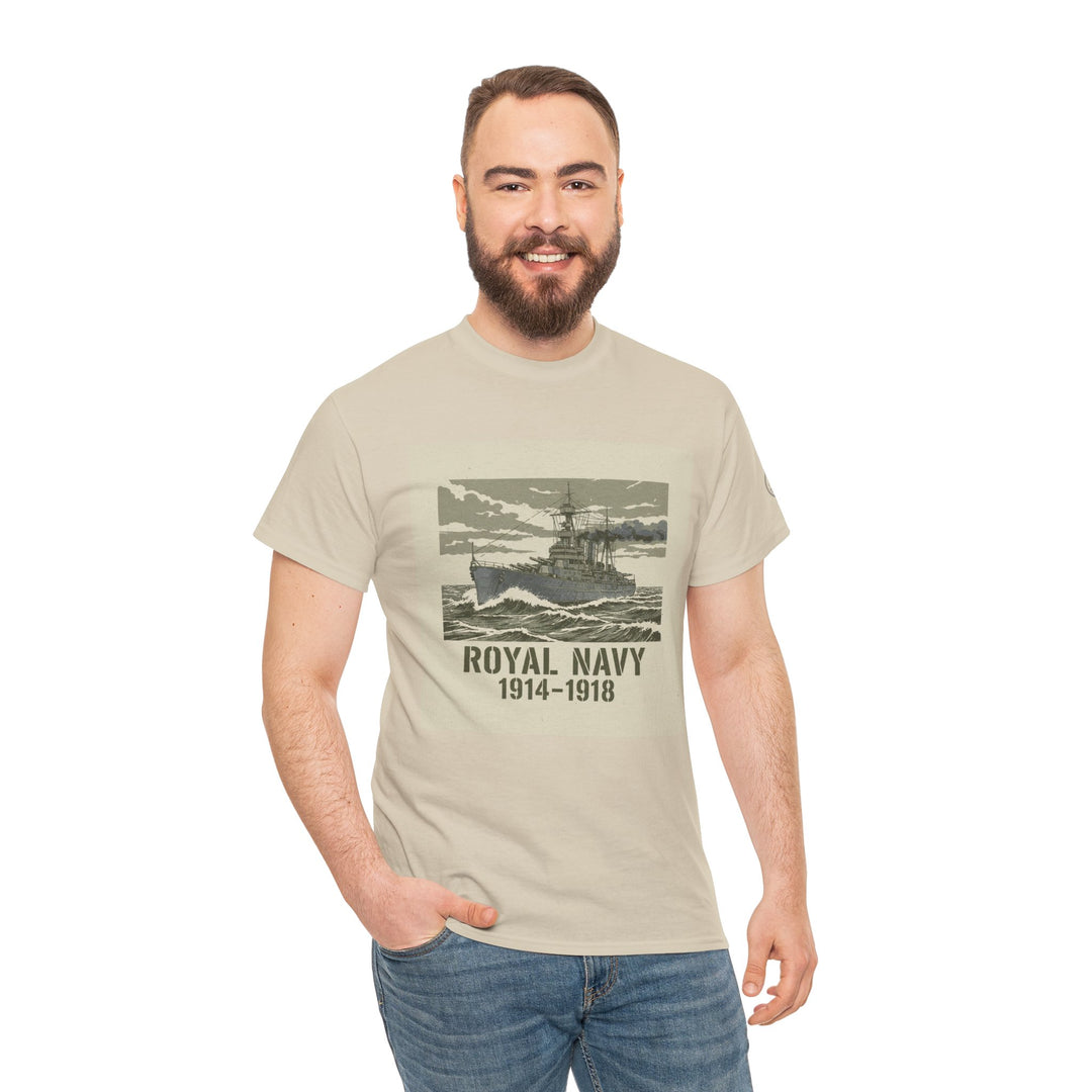 Beige graphic t-shirt by S&amp;W Gallus featuring a vintage battleship image and "Royal Navy 1914-1918" text on the front, worn with blue jeans.