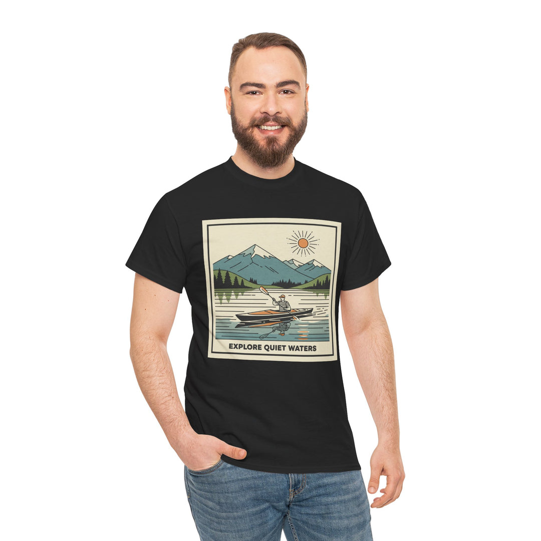 Black t-shirt by S&amp;W Gallus featuring a square graphic of a person kayaking on a lake with mountains in the background.