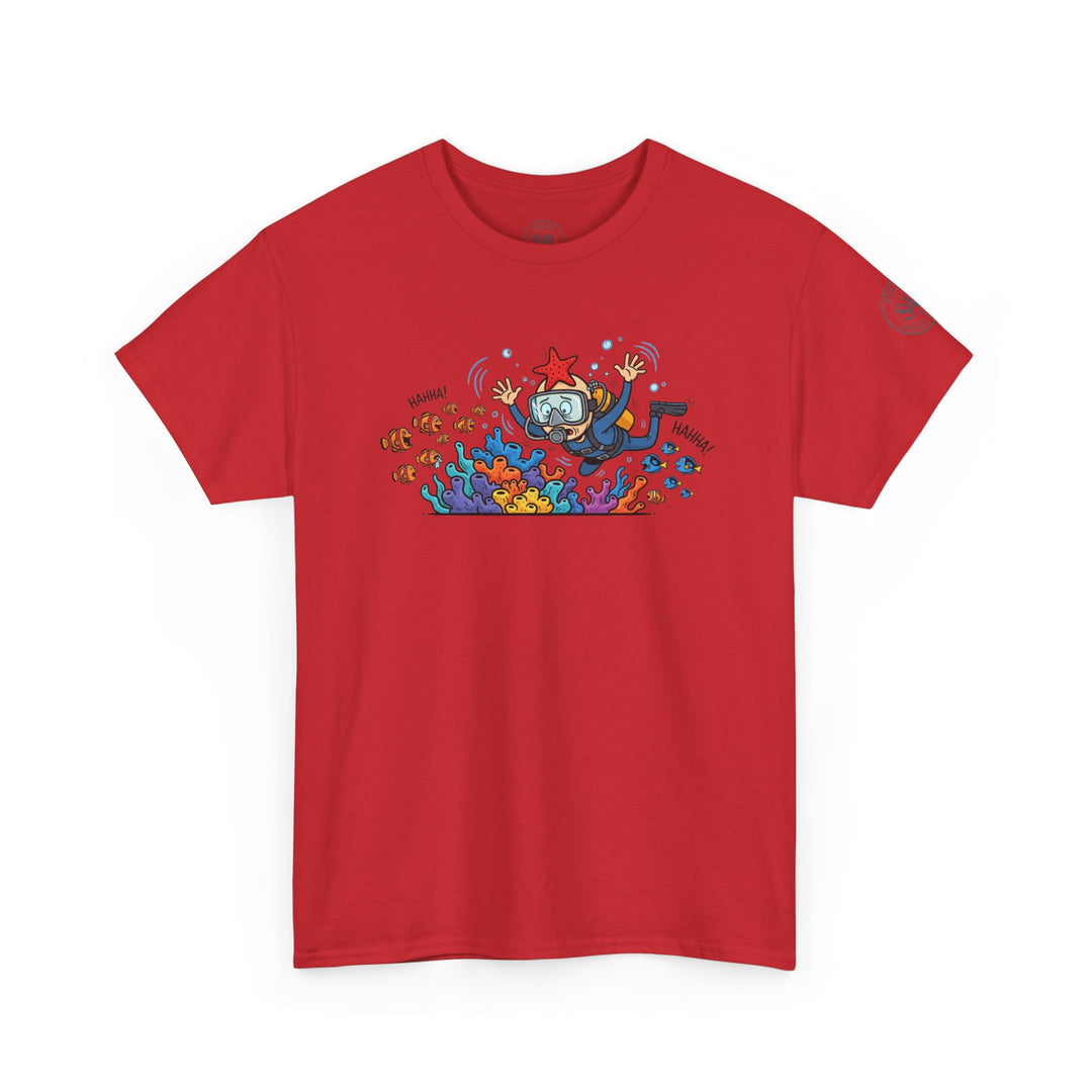 Red Diver Coral Reef T-Shirt by S&amp;W Gallus, featuring a funny diver cartoon and coral reef.