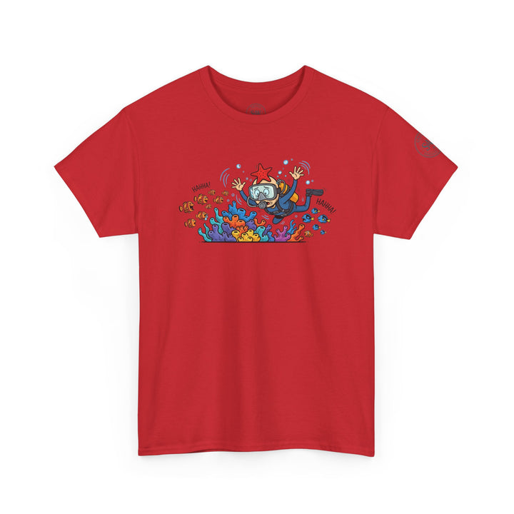 Red Diver Coral Reef T-Shirt by S&amp;W Gallus, featuring a funny diver cartoon and coral reef.