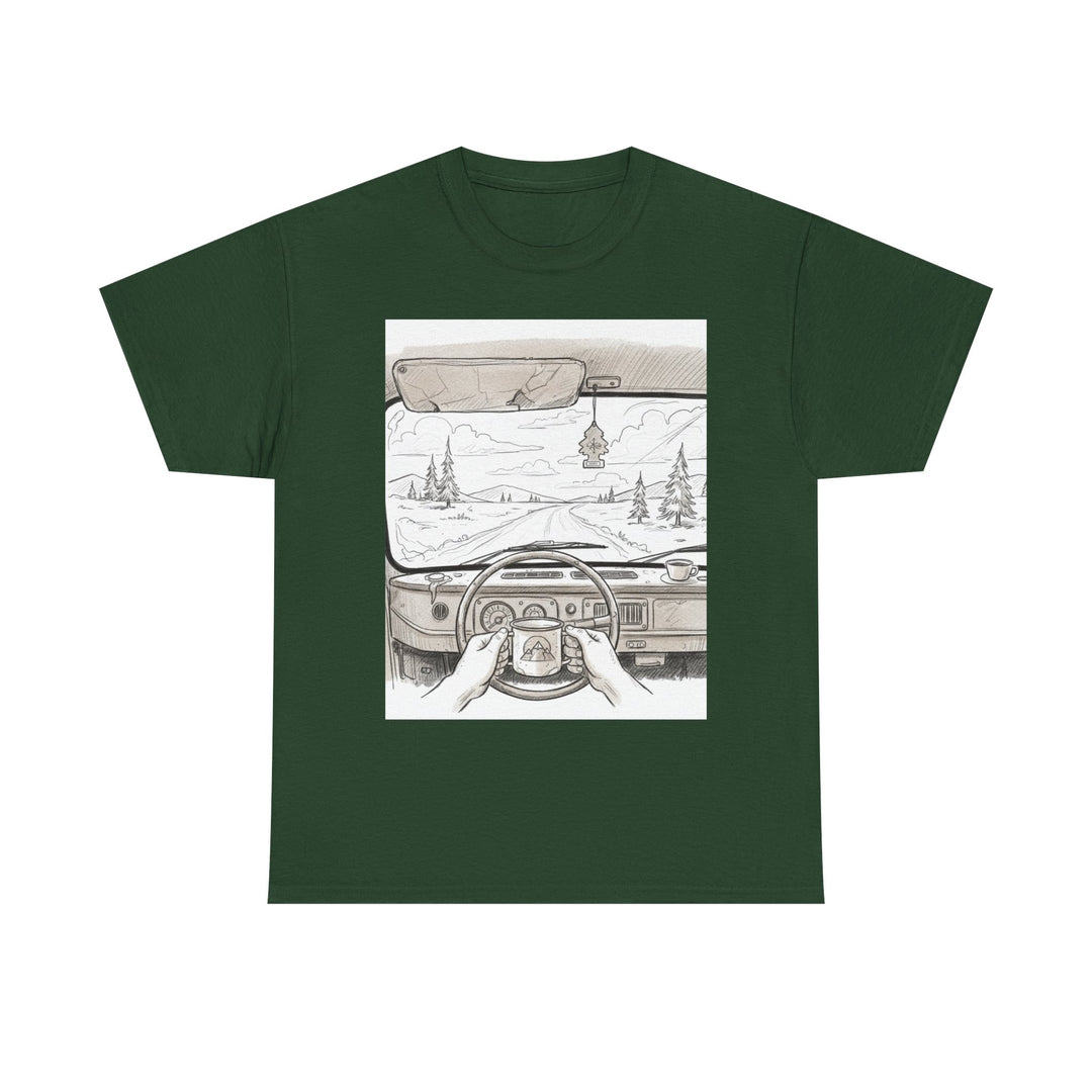 Scenic Drive Van Illustration Tee – soft cotton with a detailed van and landscape design. Perfect for road trips, outdoor adventures, and casual wear.