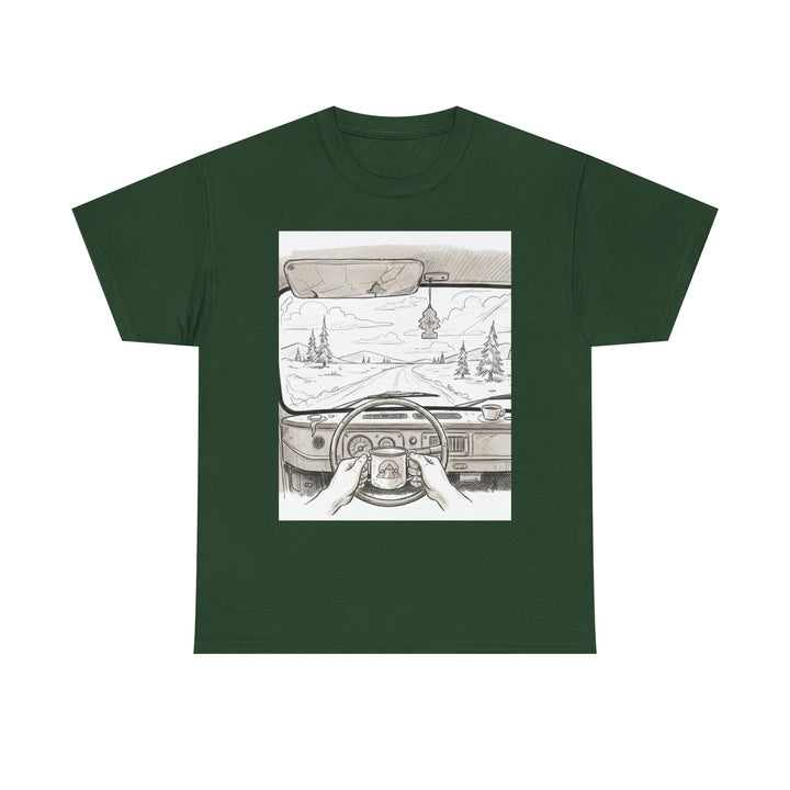 Scenic Drive Van Illustration Tee – soft cotton with a detailed van and landscape design. Perfect for road trips, outdoor adventures, and casual wear.