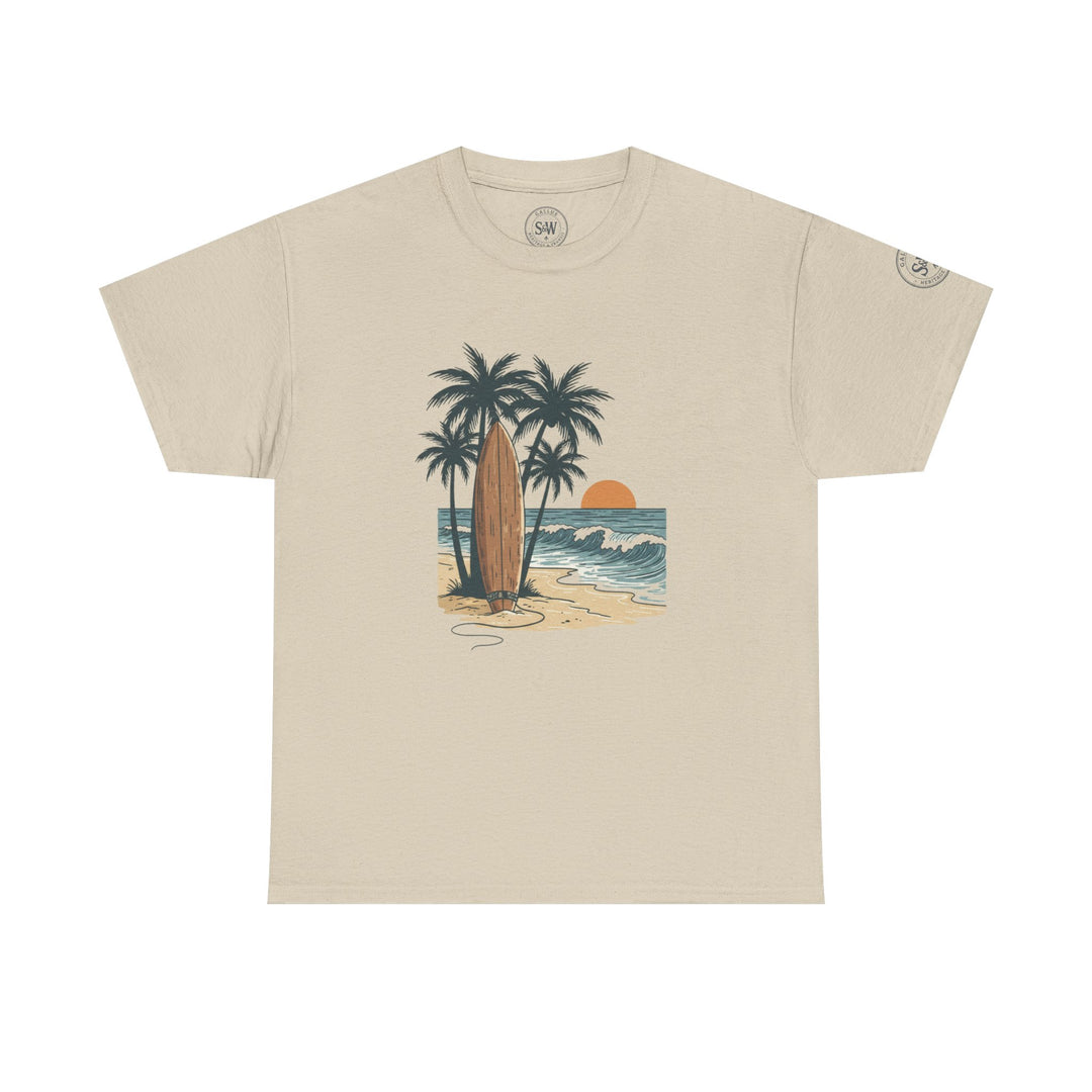 Sand-colored T-shirt by S&amp;W Gallus with a beachside graphic print on the front.