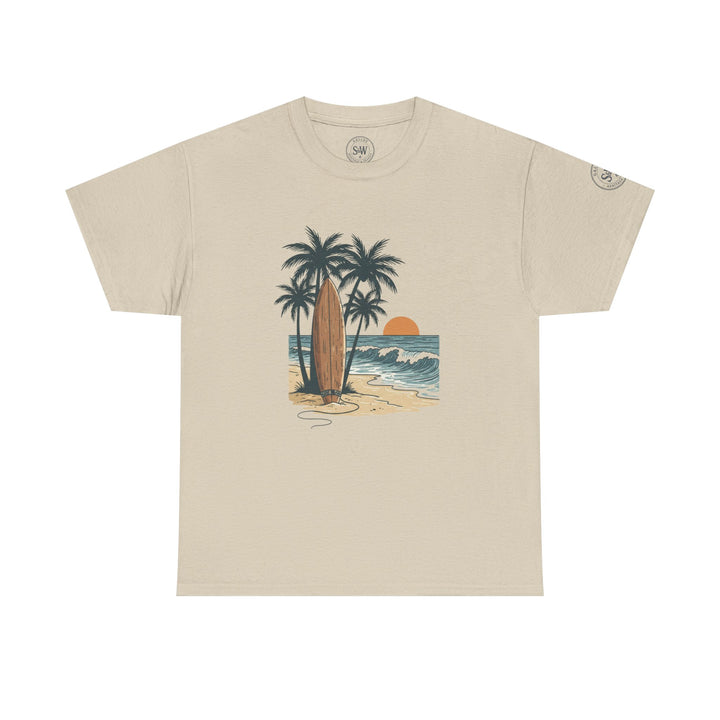 Sand-colored T-shirt by S&amp;W Gallus with a beachside graphic print on the front.