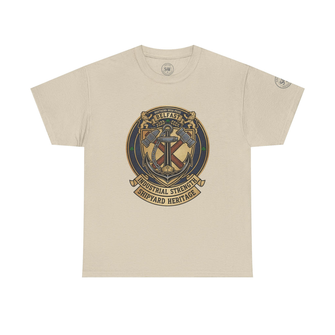 Beige t-shirt by S&amp;W Gallus featuring a Belfast shipyard heritage graphic on the chest.