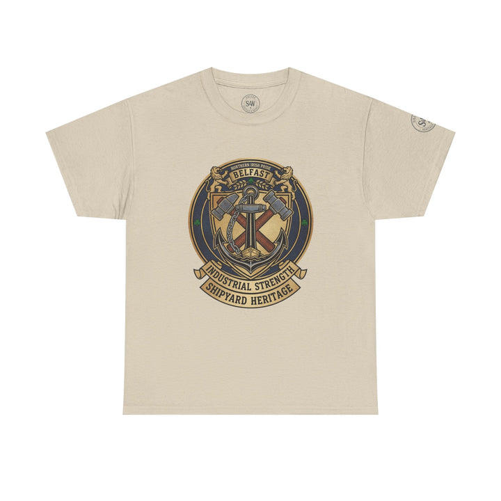 Beige t-shirt by S&amp;W Gallus featuring a Belfast shipyard heritage graphic on the chest.