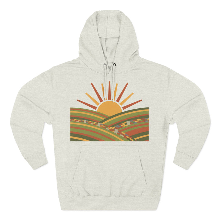 Light gray hoodie by S&amp;W Gallus featuring a sun and landscape graphic, with a drawstring hood and front pouch pocket.