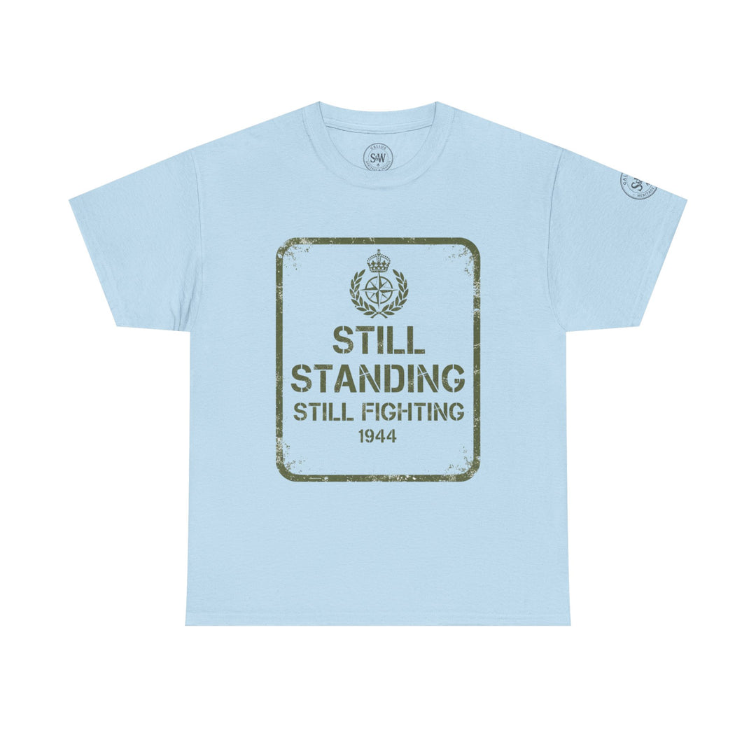 Light blue t-shirt by S&amp;W Gallus featuring a faded square graphic with military emblem and text.
