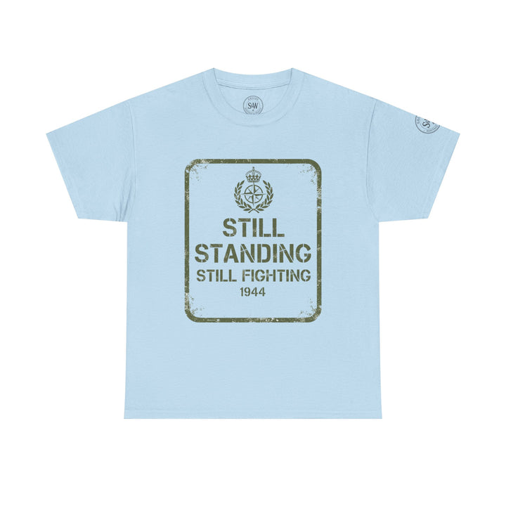 Light blue t-shirt by S&amp;W Gallus featuring a faded square graphic with military emblem and text.
