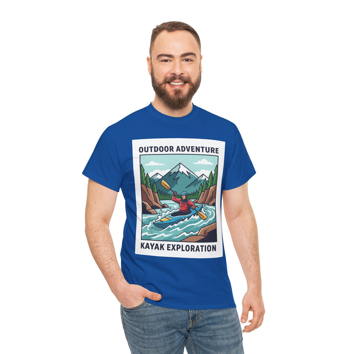 Blue T-shirt by S&amp;W Gallus, featuring a kayaking outdoor adventure graphic, paired with blue jeans.