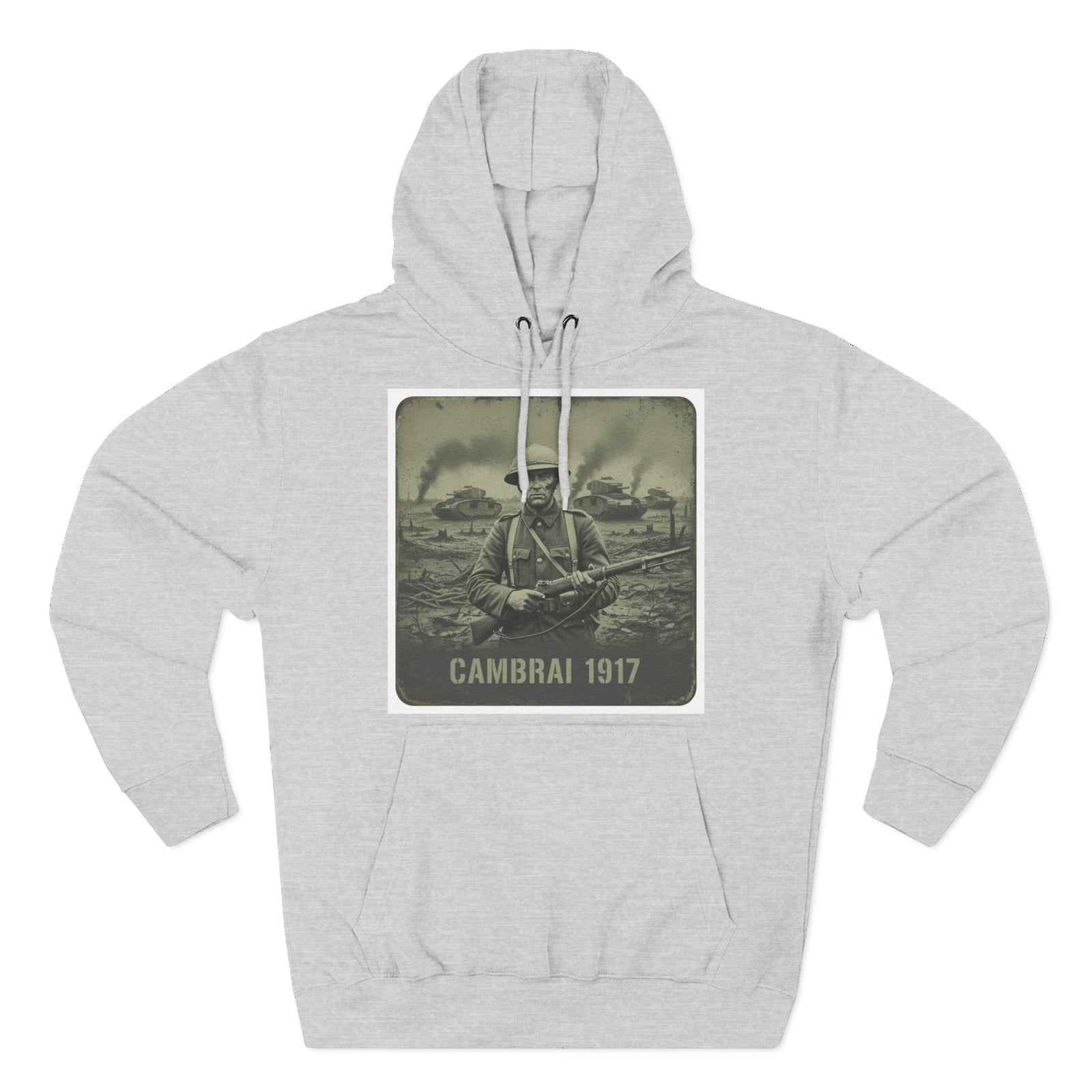 Gray hoodie by S&W Gallus, featuring a World War I themed graphic on the front.