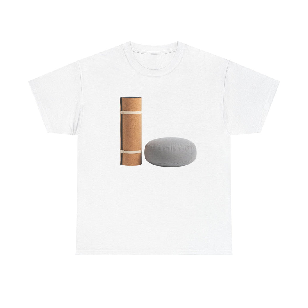 Mat &amp; Meditation Cushion Tee – soft, breathable cotton featuring a yoga-inspired design. Perfect for meditation, studio practice, or mindful everyday wear.