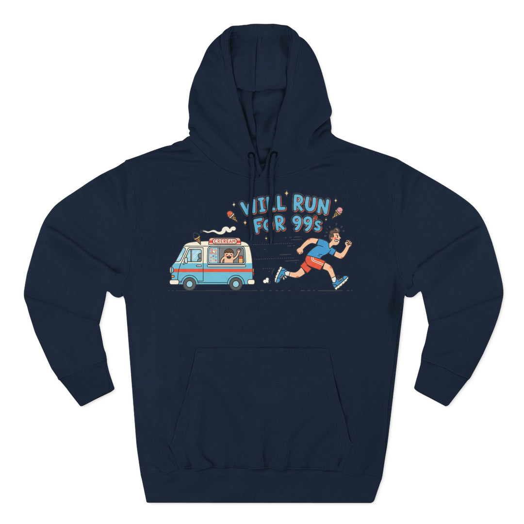 Navy hoodie by S&amp;W Gallus with a hood, long sleeves, and a "Will Run for 99s" ice cream truck graphic.